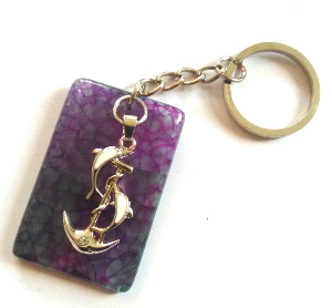 Porte Clé Agate veines de dragon violette + ancre dauphins irisés